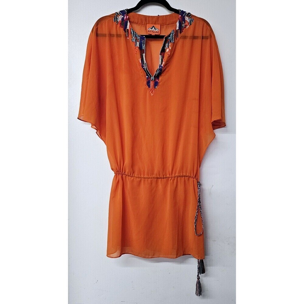 Pia Pauro Orange Sheer Sequins Short Summer Kaftan Cover Up  XS Extra Small NWOT
